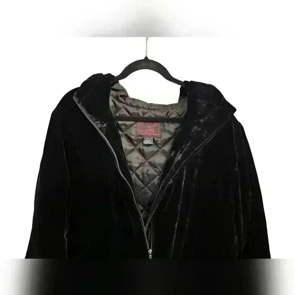 WOMENS LAUREN RALPH LAUREN BLACK VELVET SILK HOODED COAT PARKA LARGE - Picture 5 of 13
